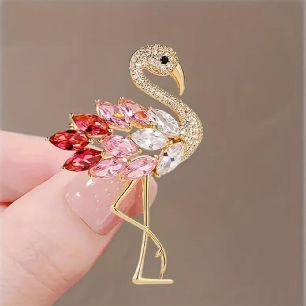 NEW Lillie Pink and Gold Flamingo Crystal Rhinestone Statement Brooch Pin